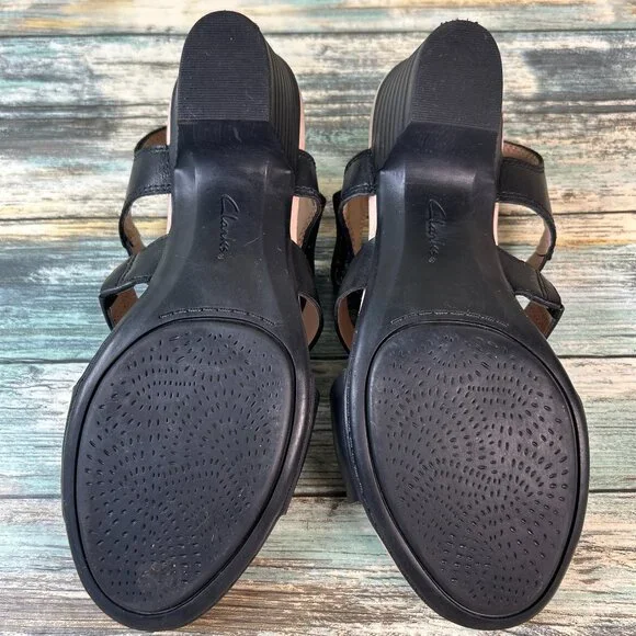 Clarks Sandals Size 7.5M Valarie Kerry Black Leather Dress Work Comfort Open Toe - Picture 6 of 10